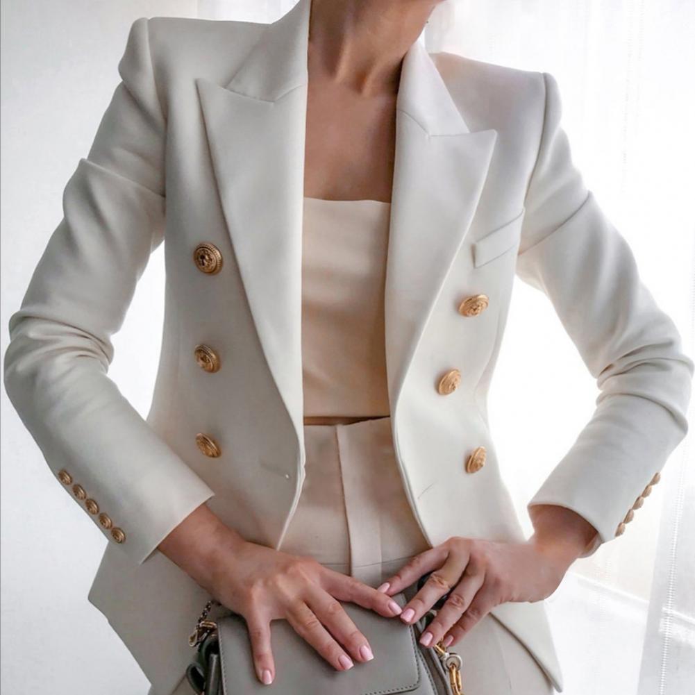 사무실 블레이저 솔리드 컬러 더블 브레스트 가을 겨울 긴 소매 옷깃 정장 재킷, 스탠드 칼라 작은 정장 여성용